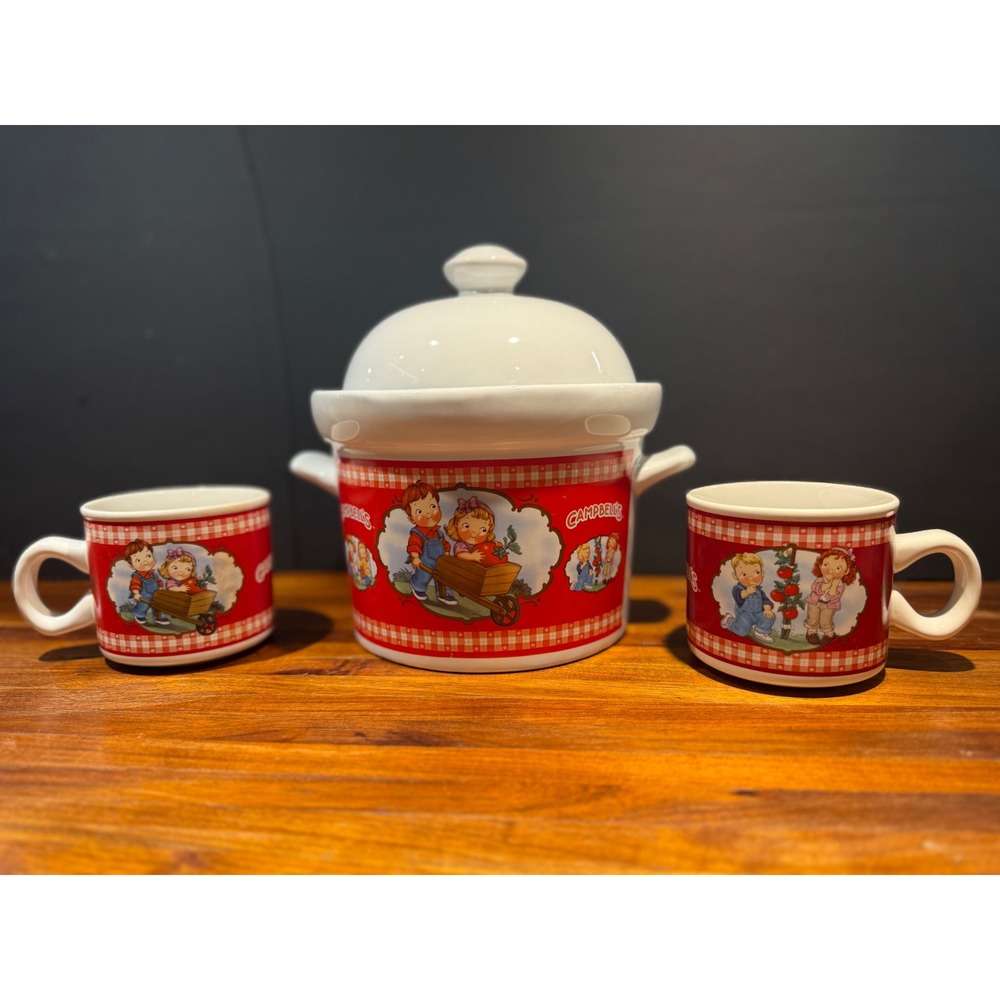 Vintage 2002 Campbells Kids Soup Tureen with Lid and 2 Mug Set Houston Harvest